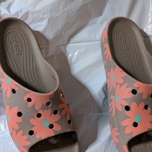 CROCS Women's Taupe Mule with Pink Flower Accents